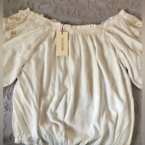 Solitaire Women's Elegant Cream Blouse with Tan Embroidered Sleeves